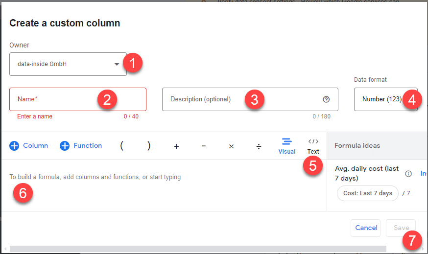 Create a custom column in Google Ads