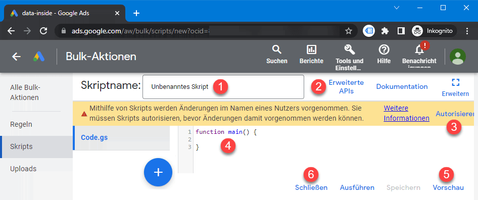 Hilfe Google Ads Scripts Installation