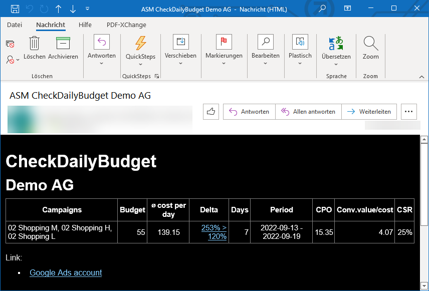 Google Ads Script <nw>Check Daily Budget</nw> Alarm Email