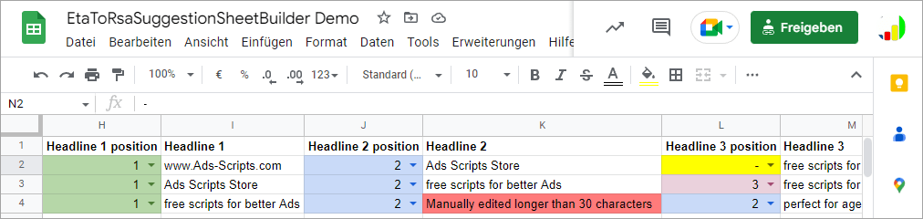 Google Ads Script ETA to RSA Suggestion Sheet Builder Ergebnis-Tabelle